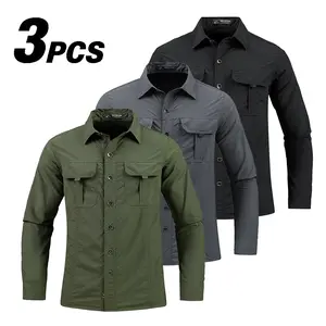 3 Pack Men's Military Tactical Long Sleeve Shirts, 100% Polyamide Quick Dry Moisture Wicking Lightweight Breathable Cargo Shirts with Chest Pockets & Back Vent, Durable Outdoor Casual Tops for Hiking Fishing Camping Daily Work Wear  Workwear summer