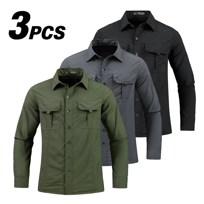 3 Pack Men's Military Tactical Long Sleeve Shirts, 100% Polyamide Quick Dry Moisture Wicking Lightweight Breathable Cargo Shirts with Chest Pockets & Back Vent, Durable Outdoor Casual Tops for Hiking Fishing Camping Daily Work Wear  Workwear summer