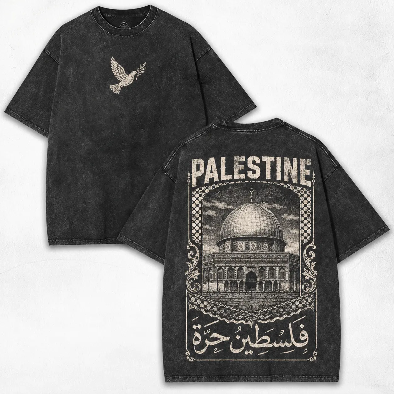 Men's Graphic Tshirt, Vintage Distressed Short-Sleeve with Palestine Dome of the Rock & Peace Dove Print, Casual Faith-Inspired Menswear, Shortsleeve, T-Shirt, All Seasons, Distressed Look, Slim-Fitting, Vintage Print, Faith Wear, Hand Wash Only, Multi-Si