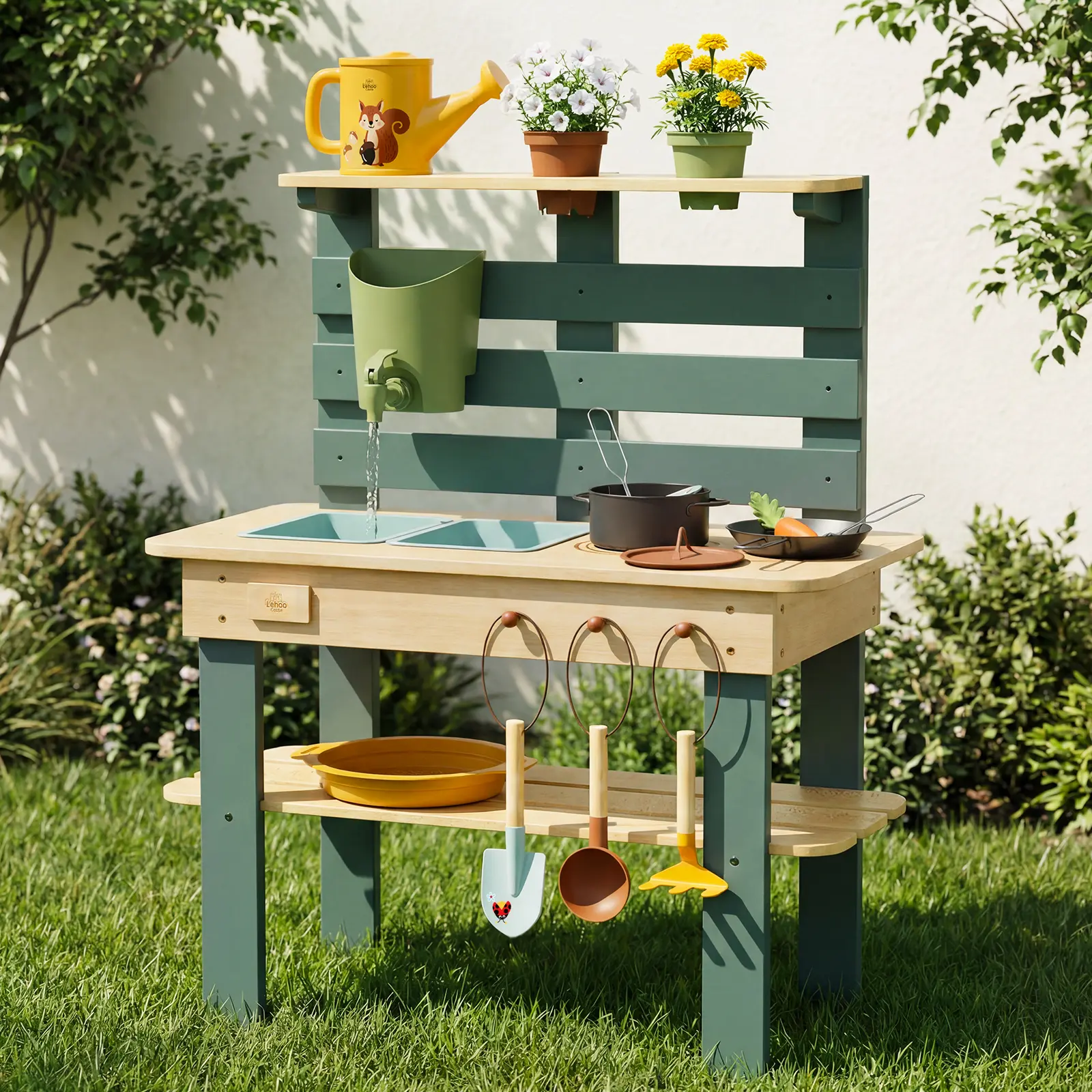 Lehoo Castle Wooden Mud Kitchen for Kids, Outdoor Play Kitchen with Real Water Sink and Kitchen Accessories, Garden Toys for Cooking Watering Sensory Play, Montessori Learning Toy for Kids Aged 3+