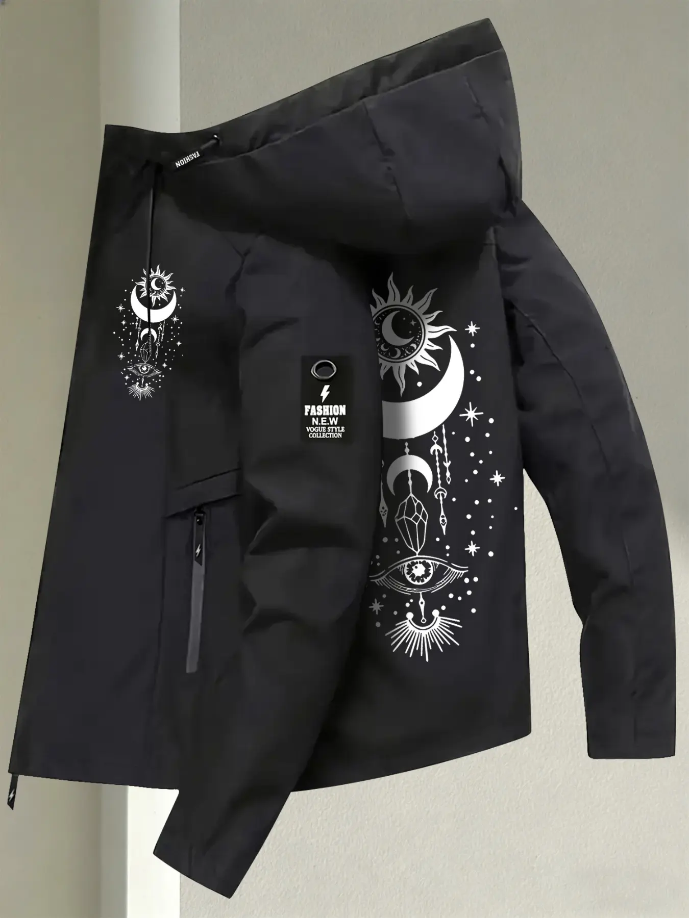 Women s Trendy Hooded Jacket 2 Colors Available With Sun Moon Eye Celestial Print Easy Pull Zipper Loose Fit Soft Fabric Minimalist Design Casual Versatile Daily Commute Weekend Outings Streetwear Fashion Outerwear