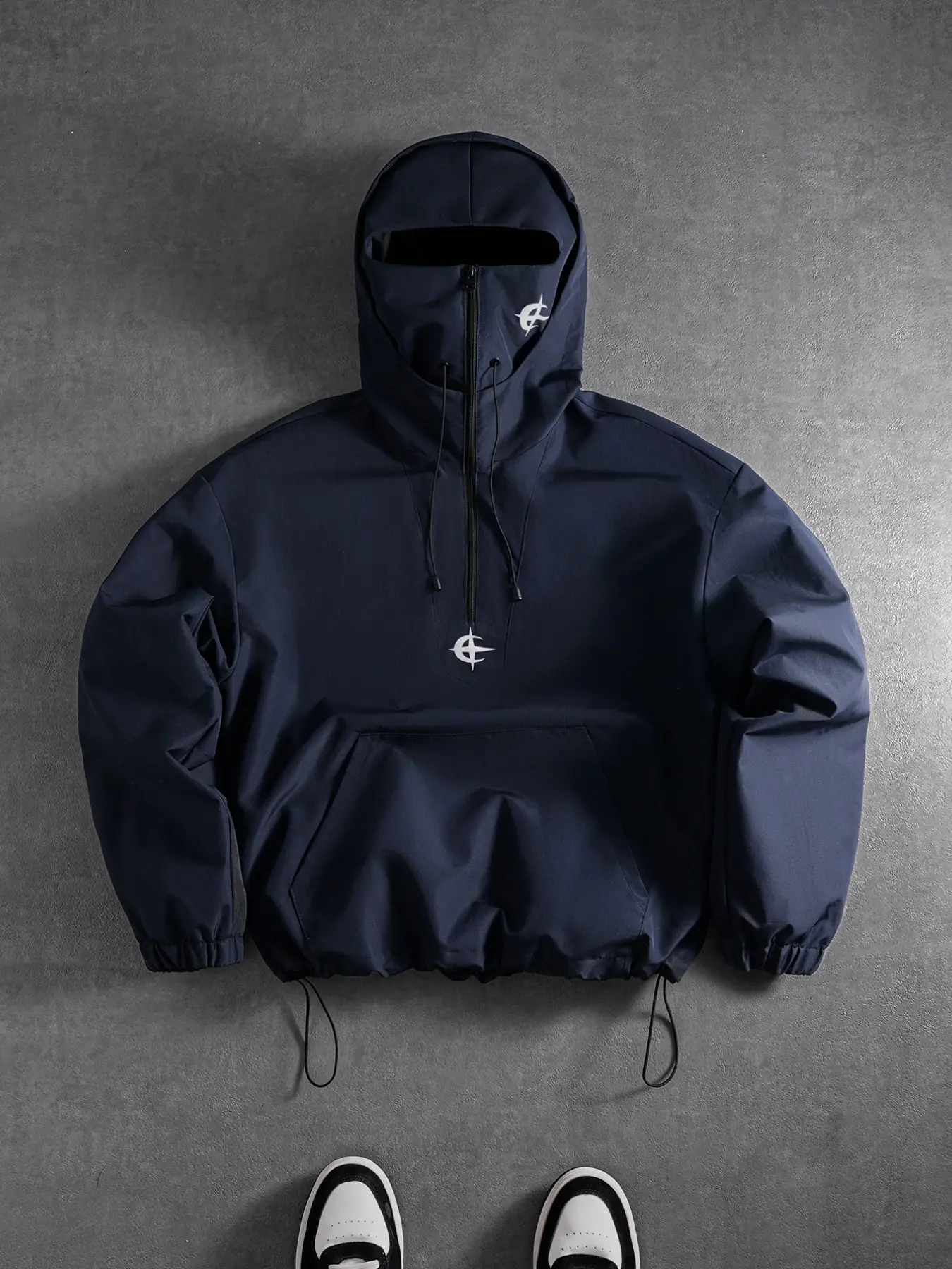 Men's Summer Outdoor Windproof Hooded Jacket, Casual Hoodie Jacket, Half-Zip Face Mask Design, Durable Wrinkle-Resistant Fabric, Fashion Star Print, Loose Fit, All-Season