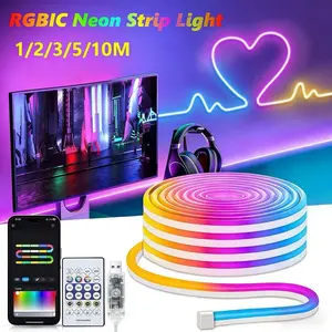 USB 5V Led Neon Light Strip Bluetooth DIY RGBIC Neon Rope LED Strip Light Music Sync Lighting for Party Game Room Decor TV Backlight Adjustable Rgb Lighting