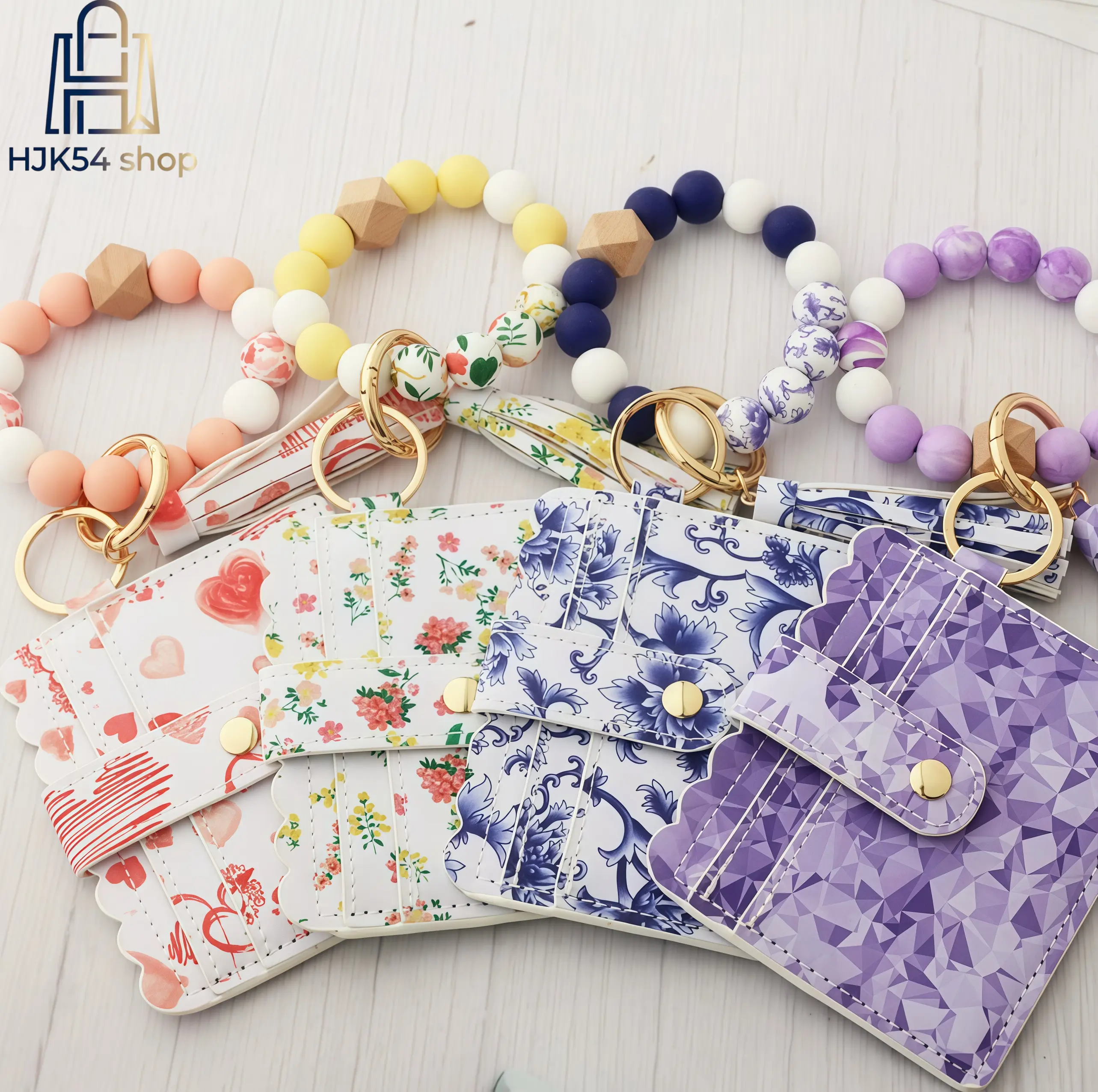 Scalloped Edge Printed PU Card Holder Wallet with Silicone Wood Bead Wristlet Keychain Tassel Decor Snap Button Multi Card Slot ID Credit Card Case Portable Daily Shopping Travel Ladies Mini Pocket Purse