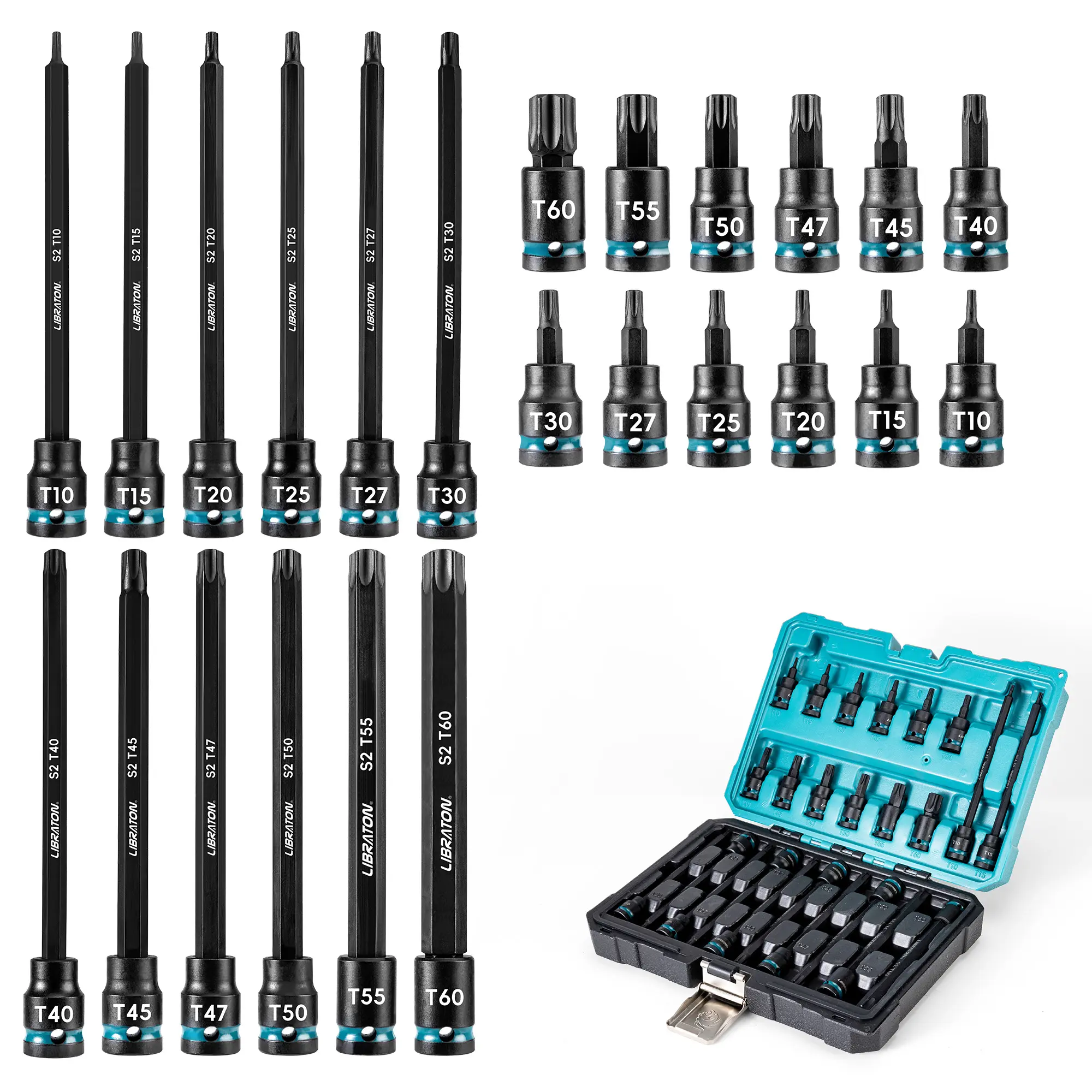 LIBRATON 3/8" Drive Impact Torx Bit Socket Set, Extra Long Torx Socket, S2 Alloy Steel Star Bit Sockets, 24PCS Torx Bit Set, Impact Torx Bit Set, T10-T60, 2in&6in Long Torx Bit Set, Blow Molded Box Torx Wrench Set Kit fathersdaygift
