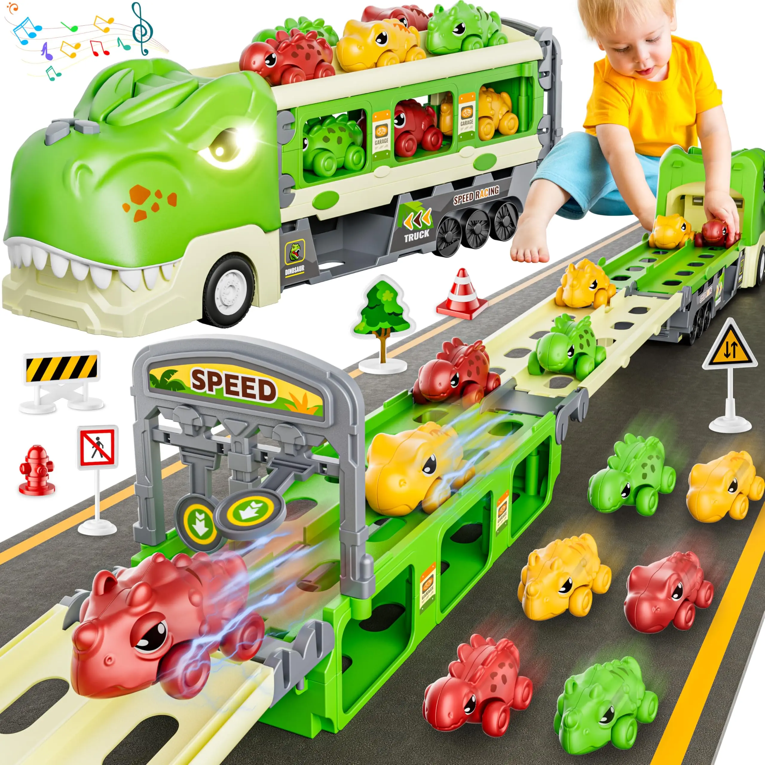 Dinosaur Truck Toys for 2-7 Year Boys with Foldable Tyrannosaurus Truck, 2 Player Race Mode, Light & Sound transport carrier truck, 6 Dino Cars & 12 Accessories, Kids Christmas Gift Warm Up for Holiday