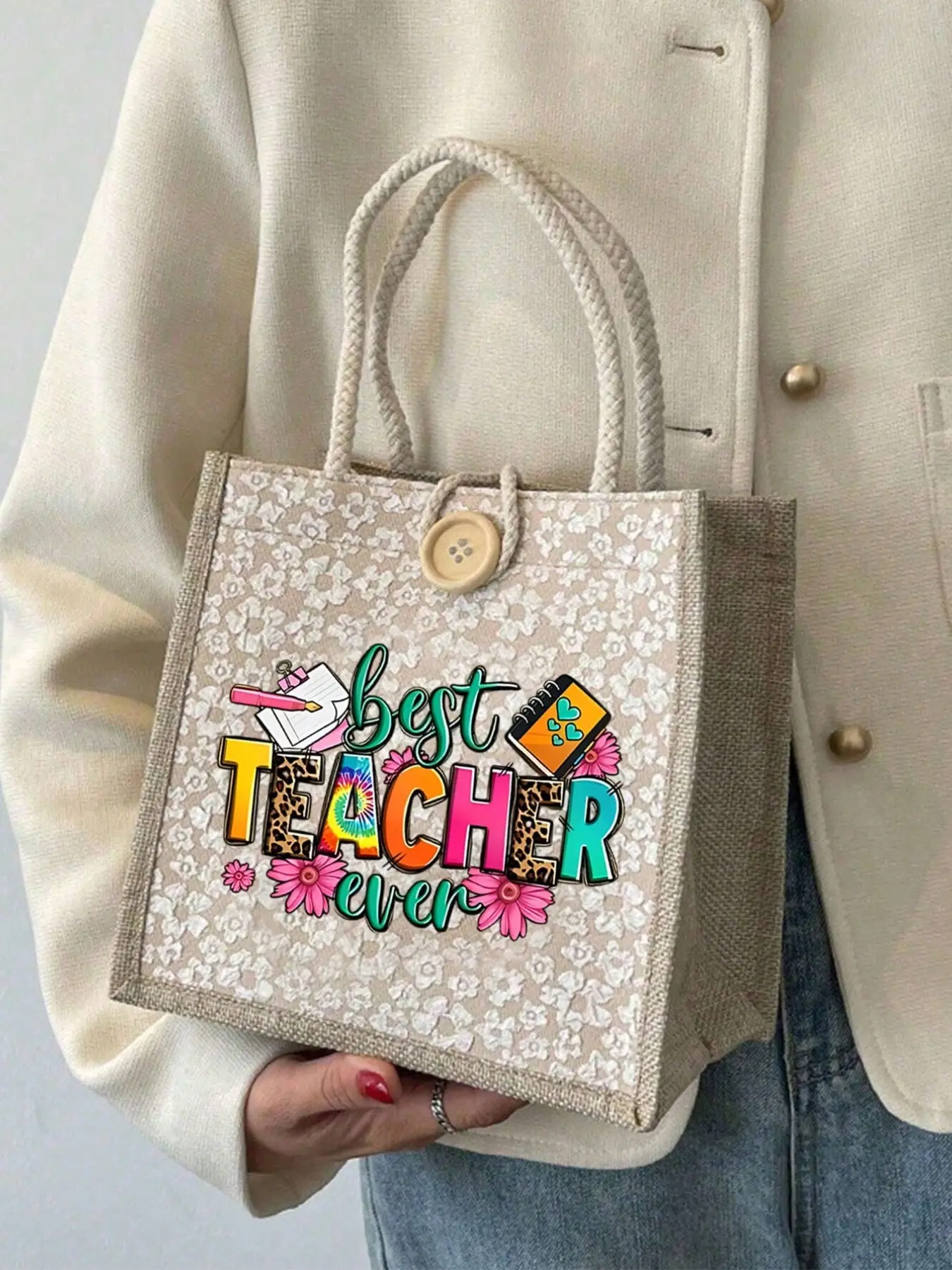 Best Teacher Floral Linen Handbag, Casual Fashion Bag, Reusable Print Crossbody Bag, Large Capacity Shoulder Bag, Ideal Gift for Teachers Day & Holidays, Fashionable Patterned Bag, Casual Trendy Handbag, Fashion Purse