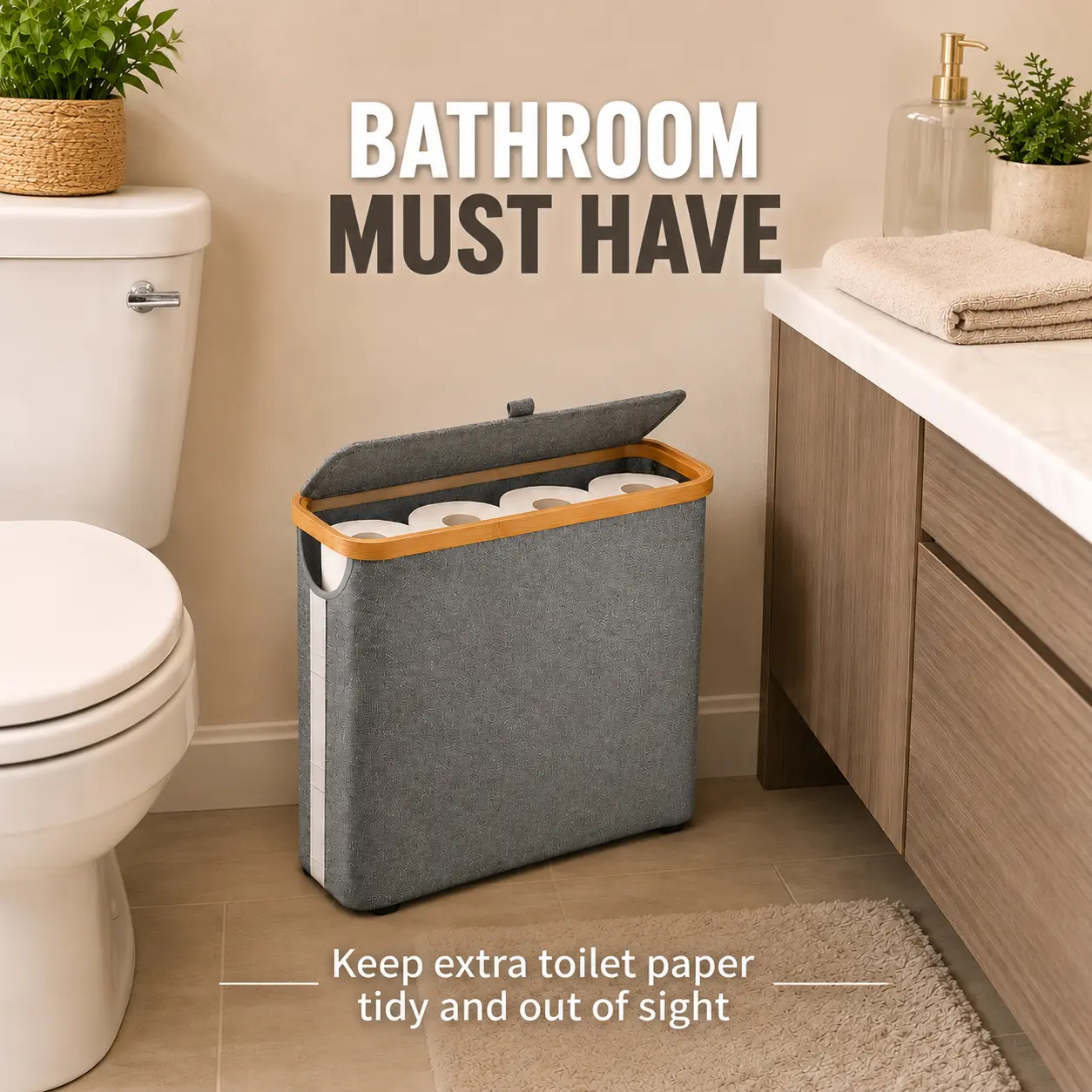 Classic Waterproof Bathroom Accessory, Decorative Free-Standing Toilet Paper Storage Basket with Lid for Bathroom Tissue Organization