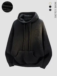 Knit Hoodie Sweater Drawstring Pocket Kangaroo Style Unisex Streetwear Fall Winter Warm Essential Multi-Color Options, Ribbed Fitted Pullover