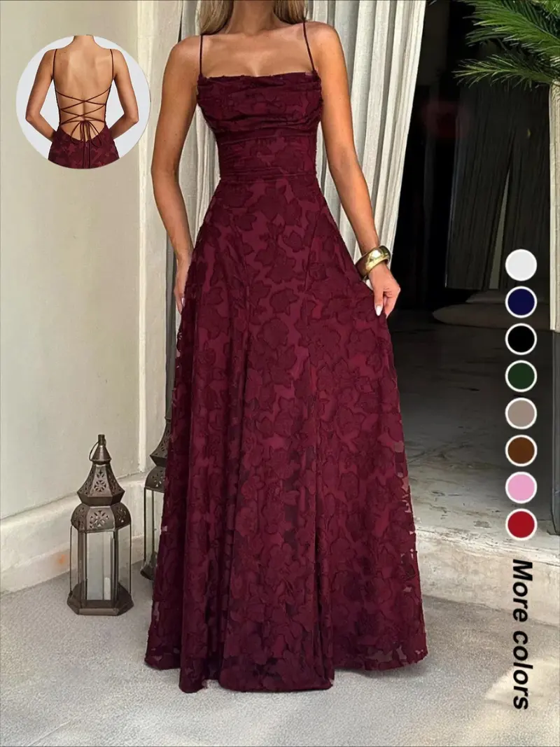 Sexy Backless Lace Pattern Long Dress, Plain Fitted Design, Elegant Style, Perfect for Parties and Events, Women's Fashion