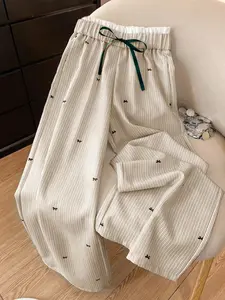 Plus Size Womenswear French Style Striped Bow Embroidered Wide Leg Pants, High Waist Flowy Slimming Colorblock Drawstring Casual Long Pants