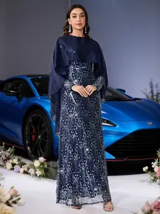 Vintage Formal Dress, Elegant Evening Gown, Wedding Party, Contrast Sequin Embroidered V Neck, Long Sleeve, High Waist, Slim Fit, Formal Wear