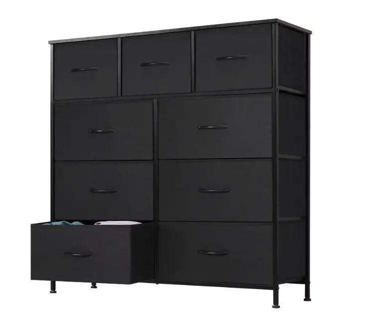 EDX 9 Drawer Dresser, Wide Chest of Drawers Nightstand Storage Tower Storage Fabric Dresser with Wood Top for Living Room, Bedroom, Hallway