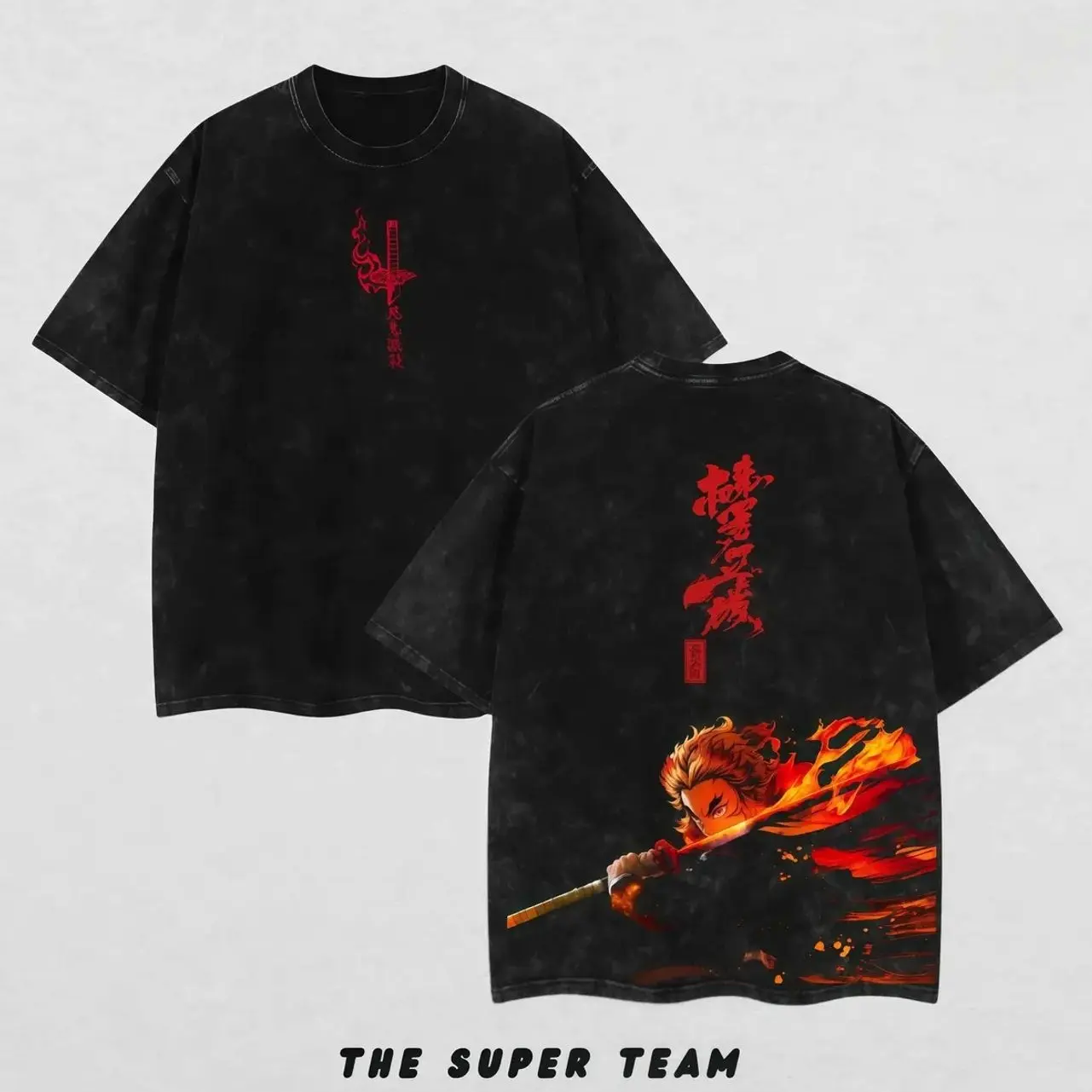 Demon Slayer Rengoku Menswear Apparel - Unisex Oversized Acid Washed Heavyweight Premium Cotton Shortleeve Round Neck Crew, Soft Relaxed Cut, Shoulder Tape, Seamless Graphic Top, 90s Streetwear Fan Merch E04, Free Expedited Shipping, Classic, Cold Wash, S