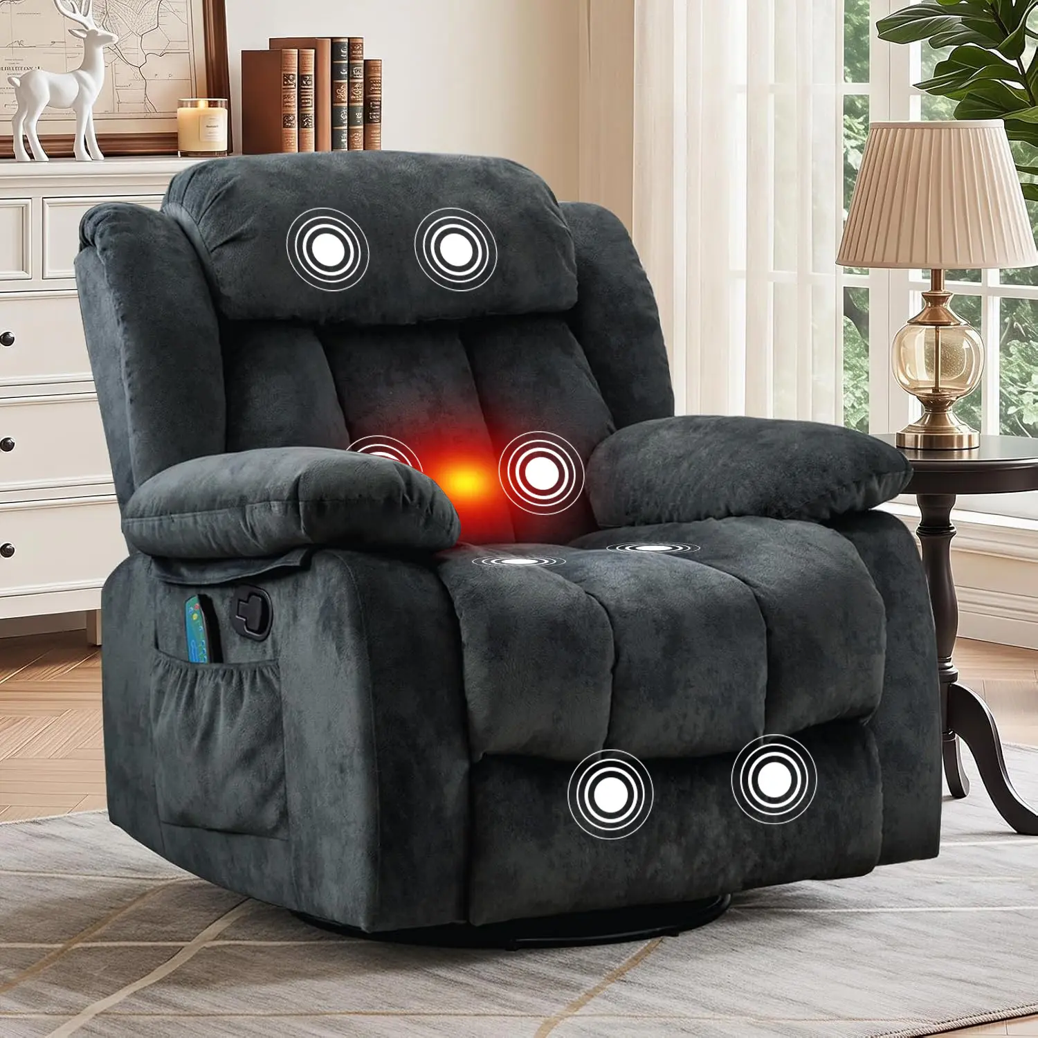 EBELLO Massage Recliner Chair with Heat and Vibration, 360° Manual Swivel Rocker, Comfy Fabric Single Sofa with Side Pocket, for Living Room