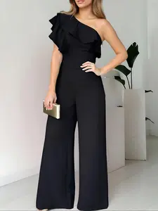 Women's Plain One Shoulder Ruffle Fit Jumpsuit, Elegant Fashion Casual Jumpsuit for Daily Outdoor Wear, Women Jumpsuits for Summer