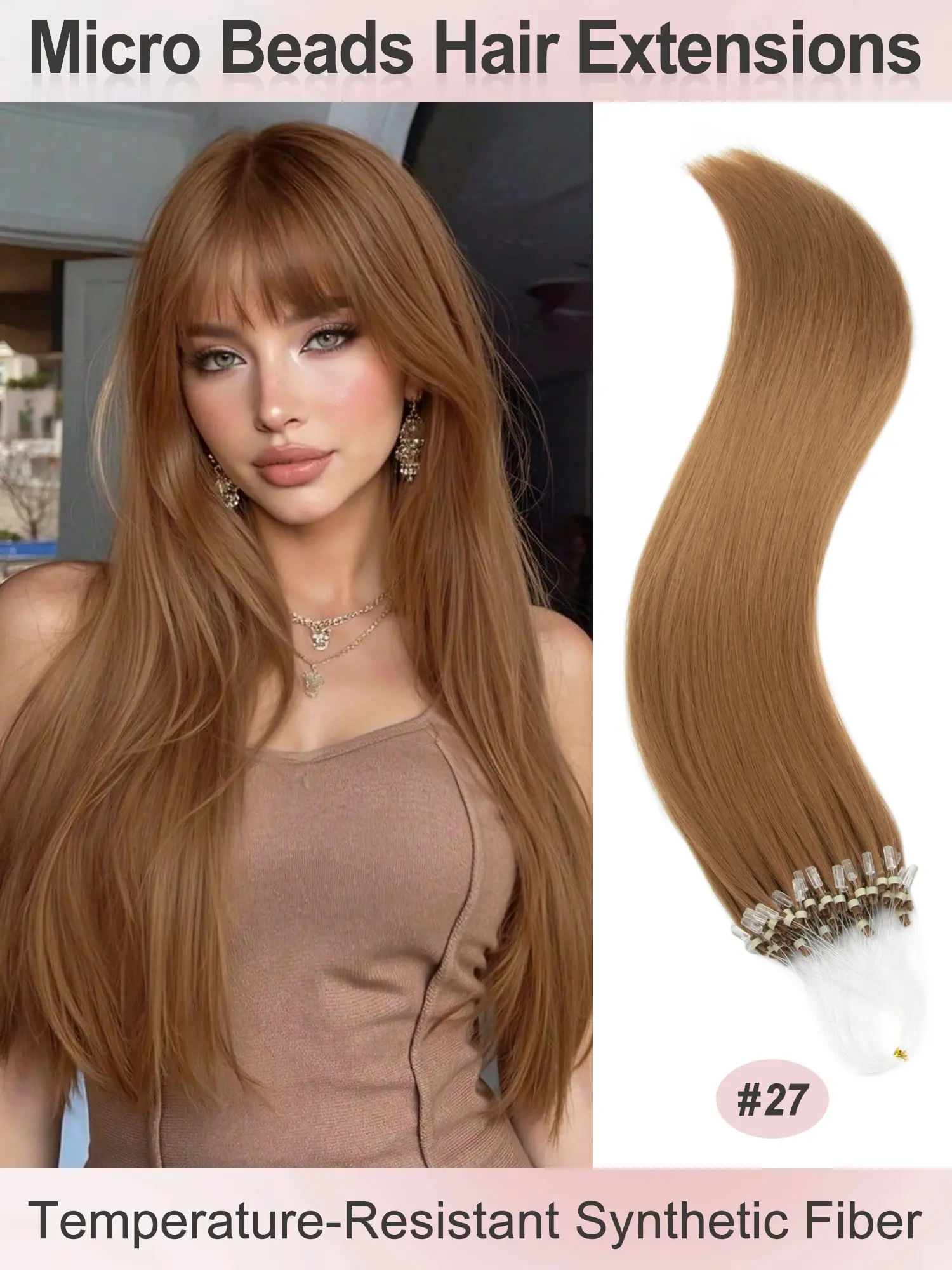 50 Strands Micro Beads Hair Extensions, 20inch Natural Straight Hair, 12 Colors, Add Volume & Length, Synthetic Hair for Women, Synthetic Fiber Extensions