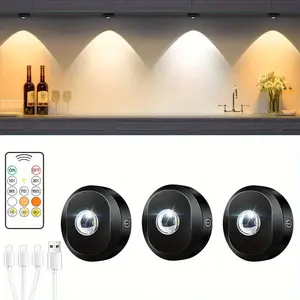 WILLED 3-Pack Rechargeable LED Puck Lights with Remote Control, 1000mAh Magnetic Under Cabinet Lights with 3-in-1 USB Charging, Remote Dimmable Timer Stick-On Puck Lights for Bedroom,Artwork, Kitchen, Closet, Shelf, Party Home Decor