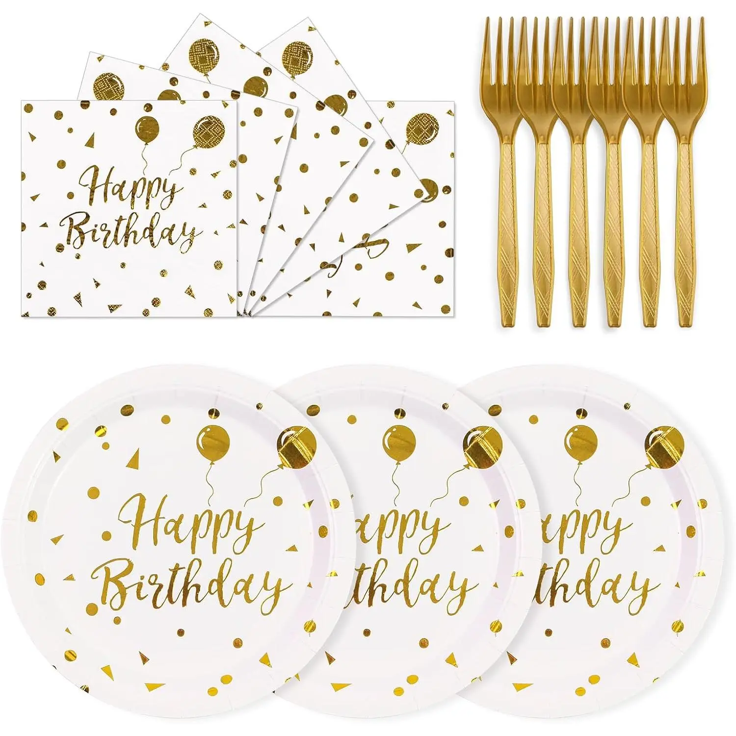 75PCS Happy Birthday Paper Plates - 7 Inch White Gold Dot Paper Plates and 6.5 Inch Napkins with 6.3 Inch Forks Disposable Tableware Set for Birthday Party Decorations, Serves 25