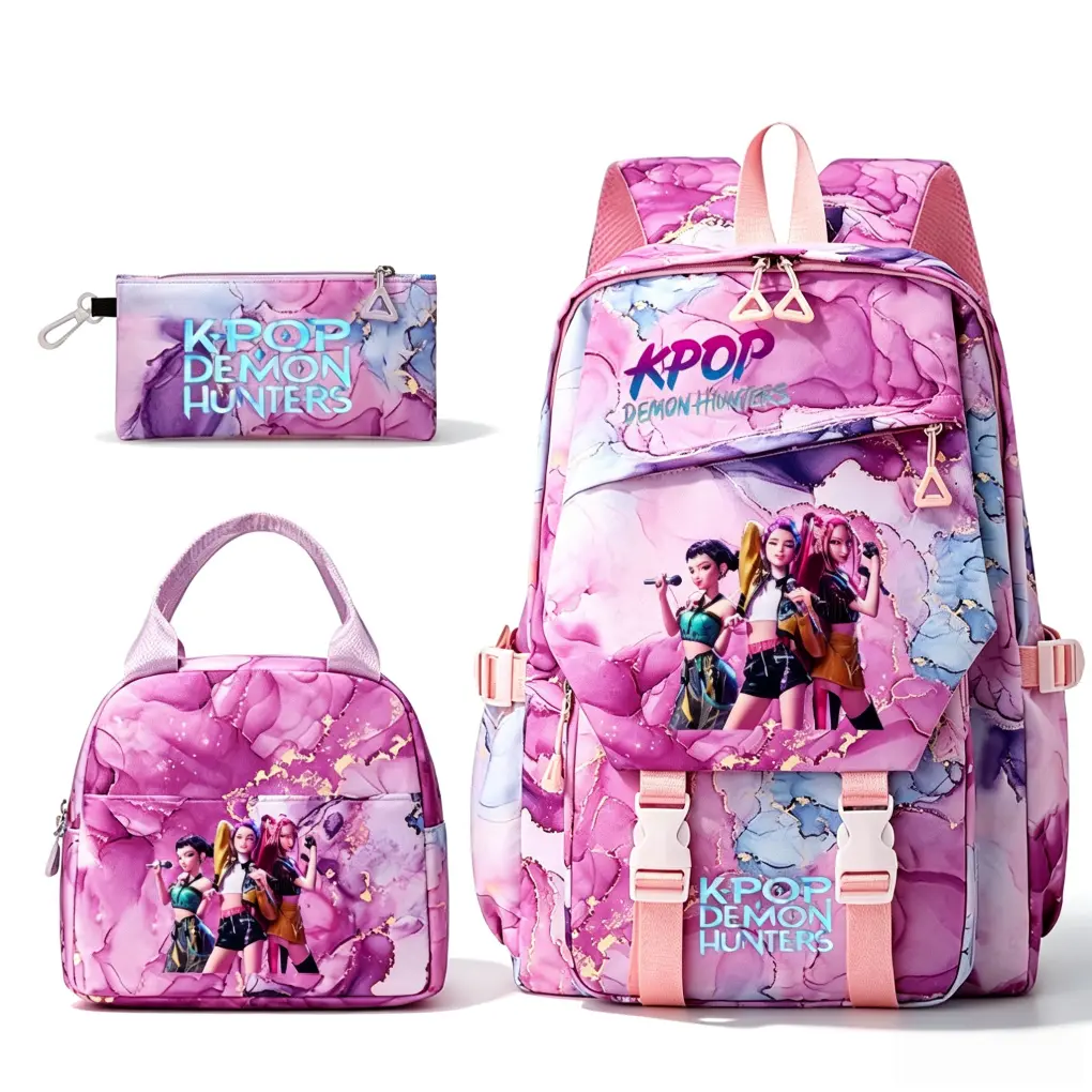 3-PIECE KPOP DEMON HUNTERS BACKPACK SET, Pink Marble Gold Foil Water Resistant Student Bookbag With Lunch Bag & Pencil Case, Padded Large Storage School Kit For KPOP Fan Girls Teens Back To School