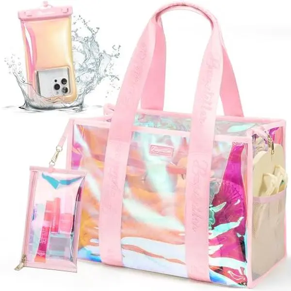 Bagstellar Beach Bag for Women Clear Iridescent Zipper Pool Swim Beach PVC Tote Bag w/Makeup Bag & Waterproof Phone Pouch Summer Essentials for Sports Events Concert Beach Work Swimming pool Easter Basket Organiser,dorm essentials,home decor