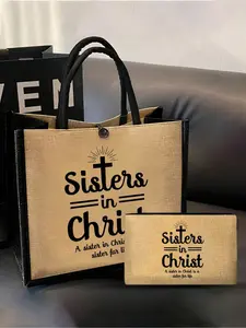 Simple tote bag and makeup bag set, featuring a colorful "Jesus" cross design, black mesh fabric two-piece set, suitable for use as a storage bag or toiletry bag