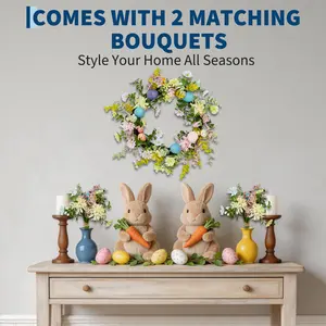 Easter Wreath, Artificial Spring Door Wreath with Colorful Eggs & Flowers, Real Rattan Base, Includes 2 Matching Bouquets for Front Door Home Decor, Colorful