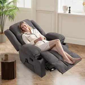 Ebello 37" Overstuffed Manual Massage Recliner Chair with Heat & Vibration - Wall Hugger Single Sofa with Cup Holders, Gray/Brown for Living Room & Bedroom