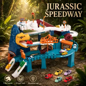 Kids Dinosaur Race Car Track Set, Multi-Level Dino Parking Garage with 10 Mini Cars, Auto Run Ramp Toy for Boys & Girls, Indoor Outdoor Playroom Birthday Christmas Gift