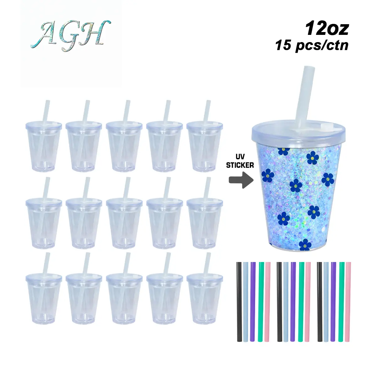 AGH US 15pcs 12OZ Plastic snow globe leak-proof glitter cups with clear & coloring bubble-tea straws and clear lids