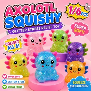 Axolotl Squishy Mini Toys, Glitter Slow Rising Stress Relief Fidget Squeeze Toy, Soft TPR Maltose-Filled Sensory Toy, Cute Handheld Desk Pet, Birthday Party Favor Gift for Kids & Adults 1/6PCS