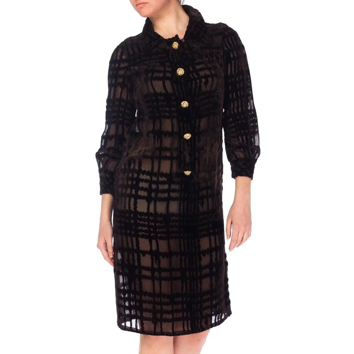 1960S Chocolate Brown Sheer Rayon Blend Burnout Velvet Long Sleeve Dress With Gold Rhinestone Buttons