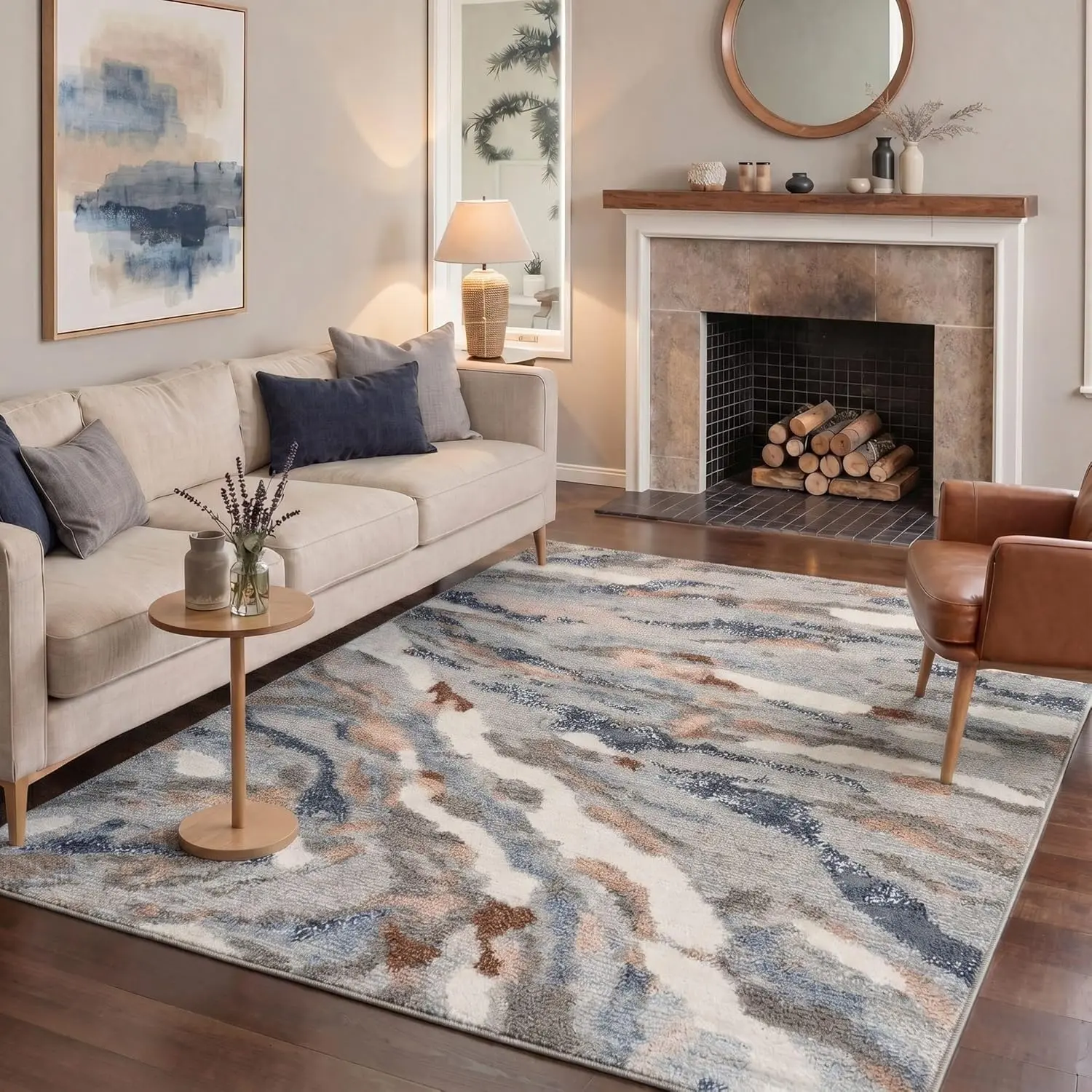 Area Rugs for Living Room Bedroom, Modern Abstract Machine Washable Rug, Large Soft Low Pile Floor Carpet with Non Slip Backing for Dining Room, Warm Greige