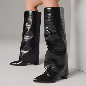 AOSPHIRAYLIAN Crocodile-Embossed Faux Leather Over-the-Knee Pointed-Toe Boots Basic Versatile Style Black Beige Wine Red Slim Fit 3.5-Inch Block Heel