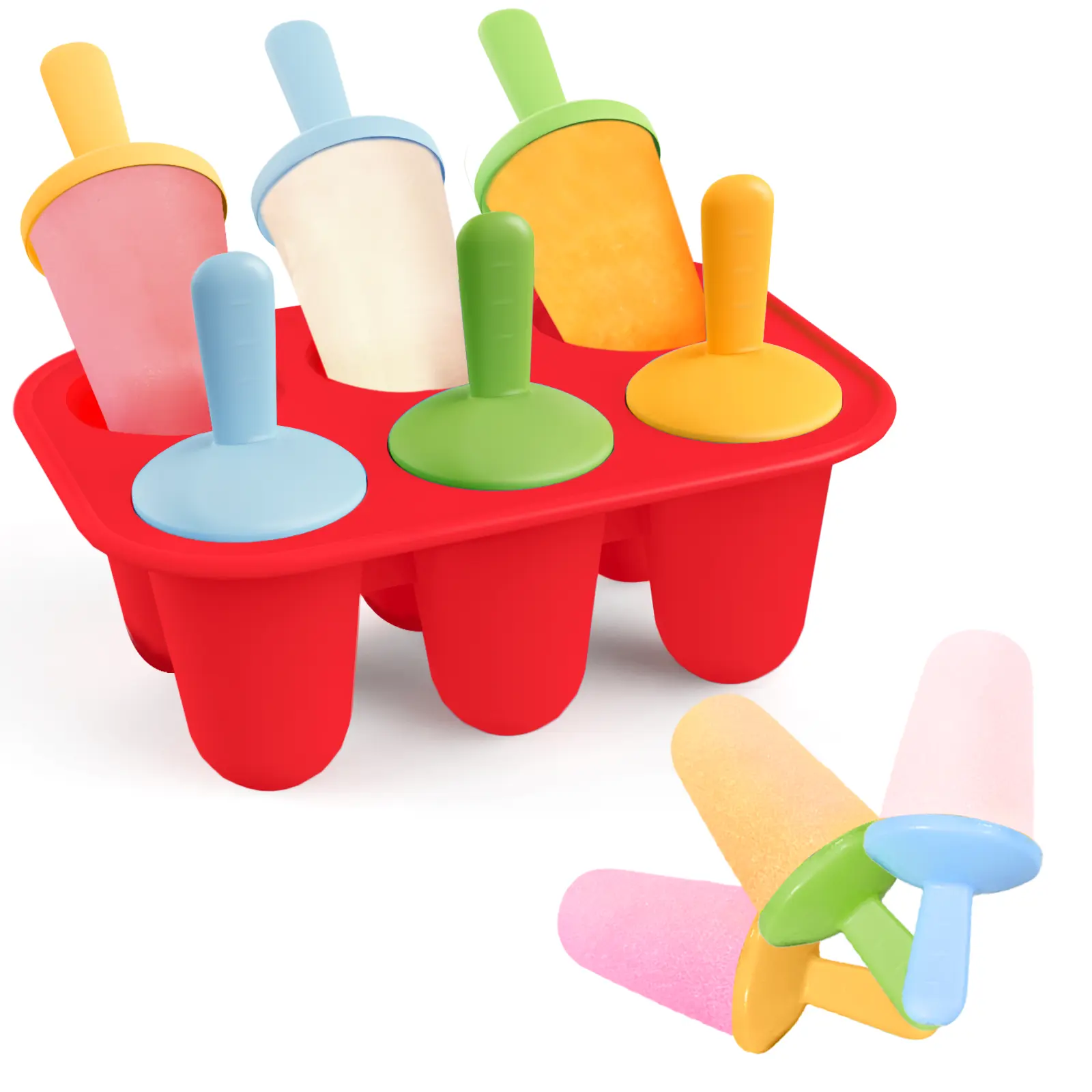 6-Cavity BPA-Free Silicone Popsicle Molds - Kitchenware Utensils Ice Pop Maker with Reusable Colorful Sticks for Kids, Frozen Yogurt, Juice, Parties