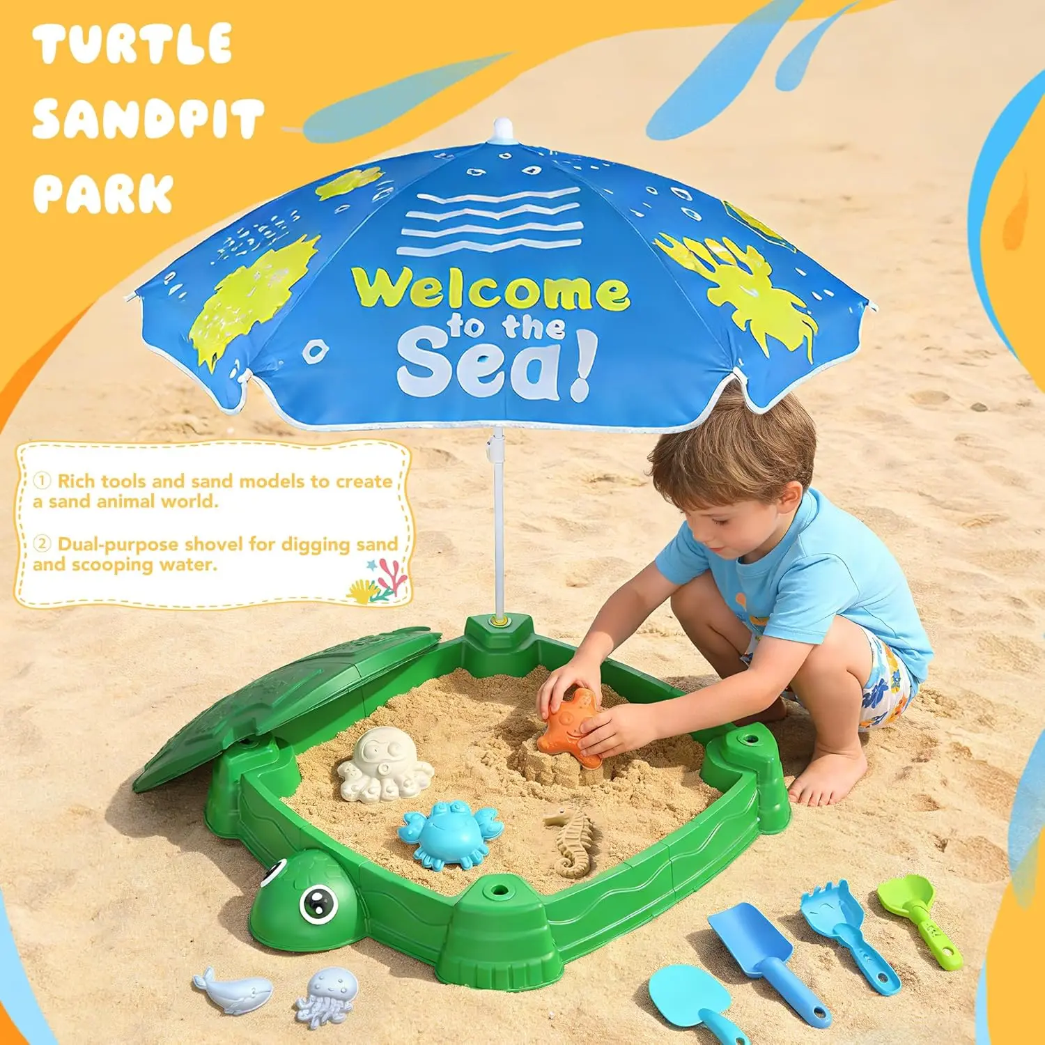 Turtle Sandbox with Lid and Adjustable Umbrella, Large Square Sand Box with 6 Molds & 4 Shovels, Outdoor Beach Toys for Toddlers Ages 3+