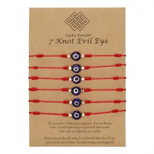 Lucky Bracelet 7 Knot Evil Eye 6 Pack Blue Eye Paper Card Braided Adjustable Rope & Alloy Unisex Bracelets Set