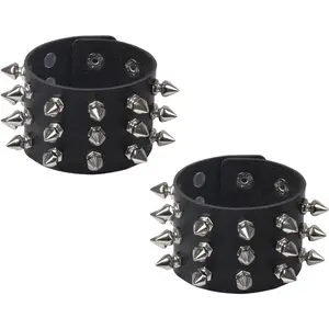 Punk Leather Spike Rivet Bracelets Set Faux Studded Cuff Bangle Goth Black Wristband Strap for Men Women Biker Halloween Party Deco Jewelry