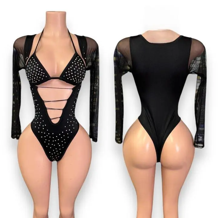 Black Baddie Diamond Bodysuit - One Size Fits All Lycra Top with Black Mesh and Black Bodysuit Design for Comfortable Fit - Tops, Womenswear