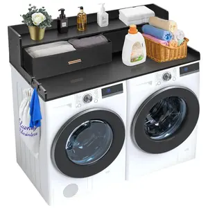 VEVOR 2 Drawers Washer Dryer Countertop with 2-Tier Shelf,  , 54" x 27" Wooden Washer and Dryer Countertop with Non-Slip Pads, Water-Resistant Laundry Topper for Laundry Room Organization, Black