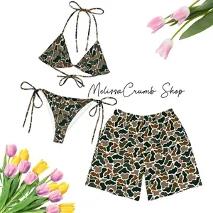 Matching Duck Camo Swimsuits for Couples - Swim Bra & Tie Side Thong Bikini + Men's Beach Shorts, Summer Vacation Swimsuit, Hawaiian Shirt Style, Aloha Beach Outfit, Couples Swim Suits
