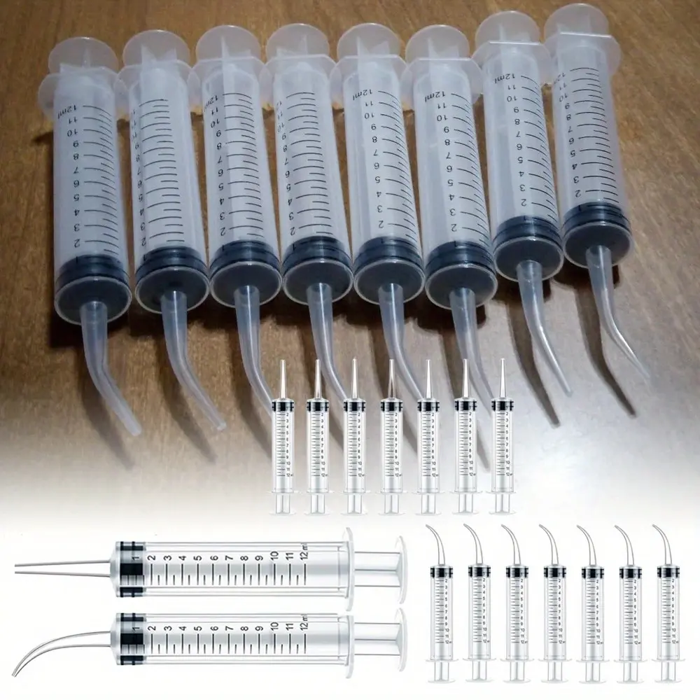 16 Pcs 12ml/cc Plastic Syringe Set with Curved Tip Straight Tip Disposable Rinse Syringe Mouthwash Cleaner with Measuring Function for Oral Care Animal Feeding, Two-Tip Set