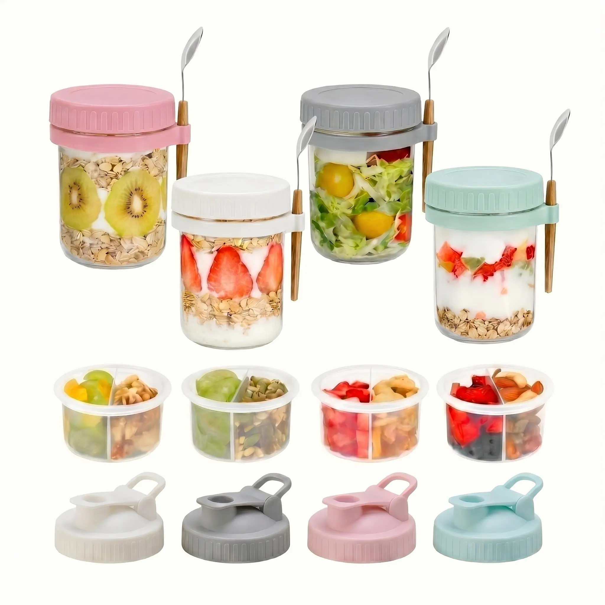 16oz Food-Grade Glass Overnight Oats Containers, Airtight Leakproof Jars with Silicone Dividers, Lids & Spoons, Stackable Portable Storage for Oatmeal Yogurt