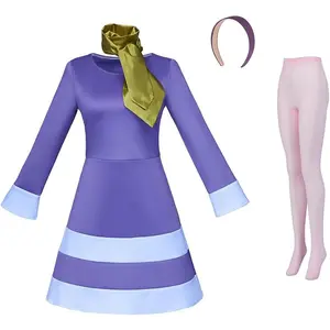 Daphne Cosplay Costume Women Long Sleeve Purple Dress with Scarf Headband Socks Full Set Halloween Costume