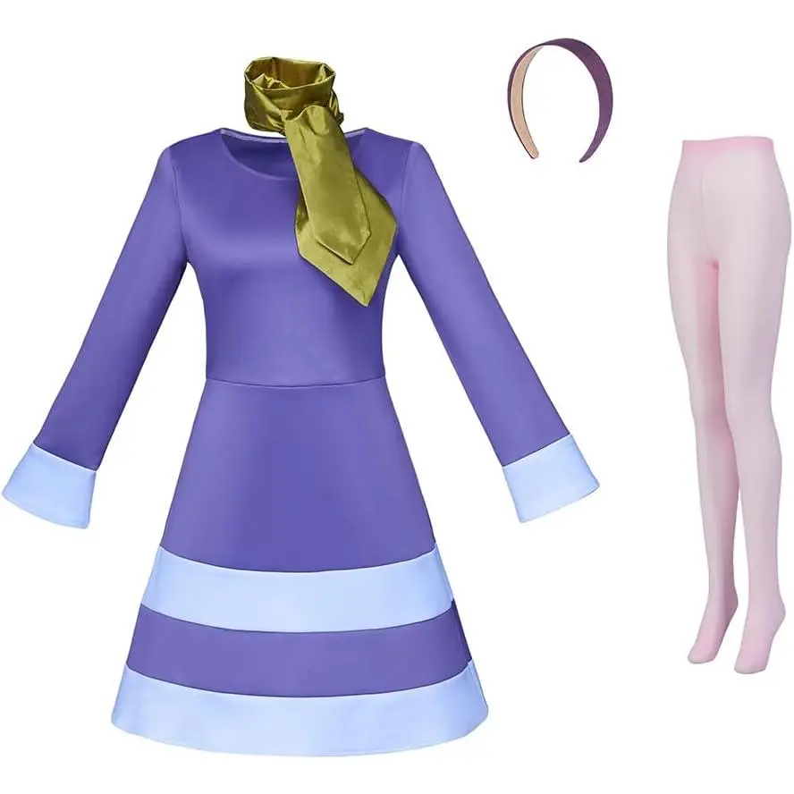 Daphne Cosplay Costume Women Long Sleeve Purple Dress with Scarf Headband Socks Full Set Halloween Costume
