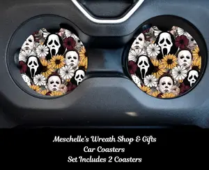 Horror Fall Autumn 2-Piece Neoprene/Ceramic Car Coasters, Spill-Proof Interior Decor Accessories for Cup Protection & Style Upgrade, Car Accessories