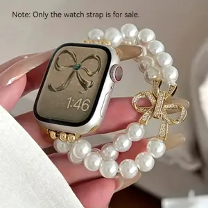 Fashion Apple Watch Band, Alloy Pearl Bracelet Design, Aesthetic Adjustable Ladies' Strap, Compatible with Series 11/10/9/8/7/se/6/5/4, Sizes 38-49mm