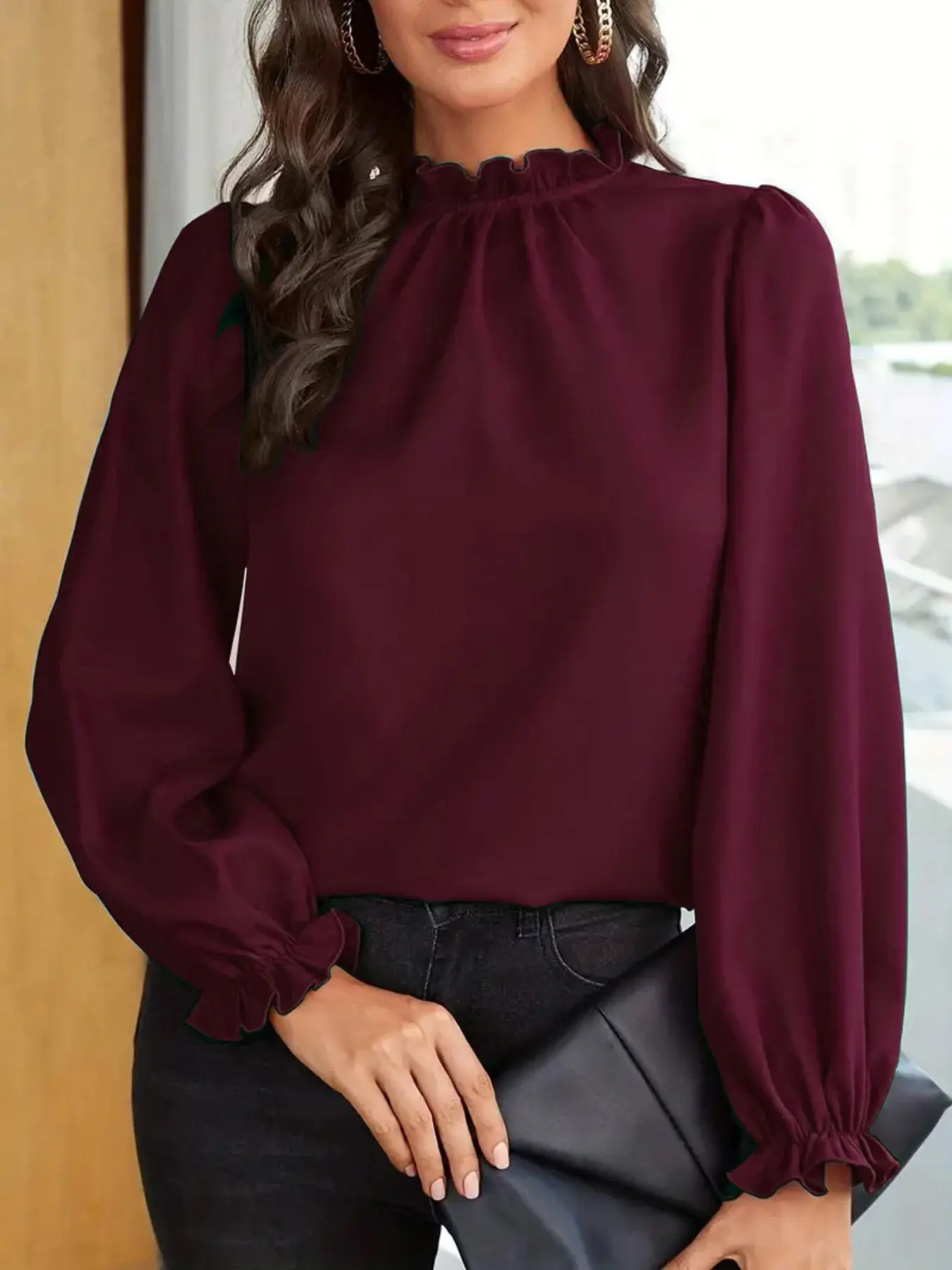 Women's High Neck Long Sleeve Fitted Shirt, Elegant Bubble Sleeves Ruched Top, Stylish Casual Classy Elegant Women's Blouse, Classy Tops for Casual Wear Womenswear Lady