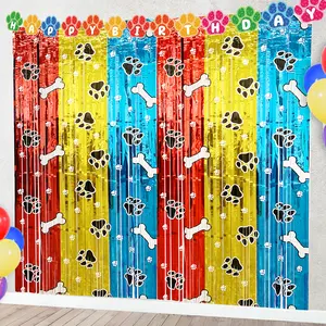 2 Pack Paw Foil Fringe Curtains Backdrop - 3.28x6.56 Ft, Red Gold Blue, Dog Birthday Party Decor, Photo Booth Props, Lets Pawty Supplies