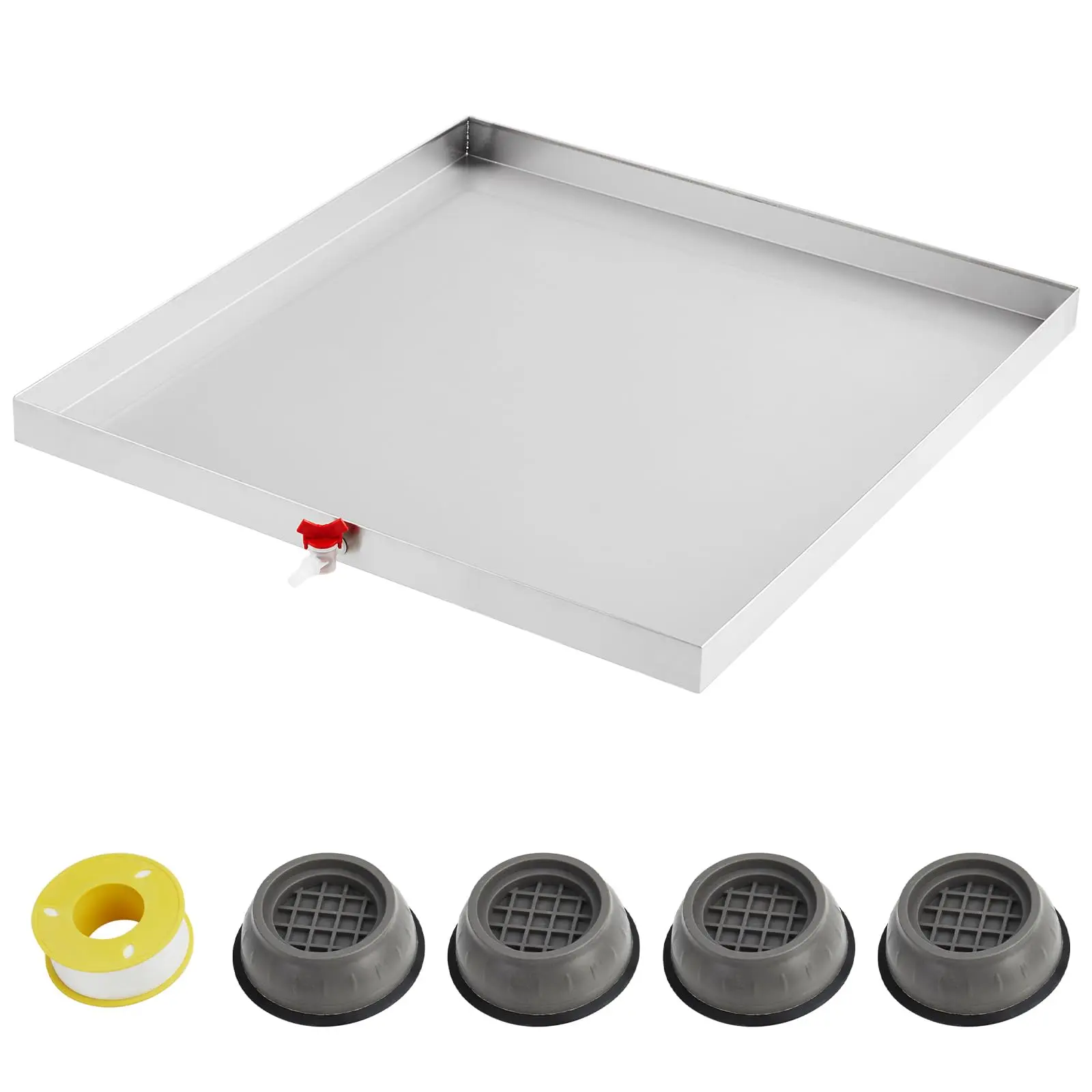 Garvee Heavy Duty 304 Stainless Steel Washing Machine Drain Pan - 32x30 Inch Drip Tray with Drain Hole, Hose Adapter, Anti-Vibration Feet, Waterproof Tape, Suction Cup Pads, Rust Resistant